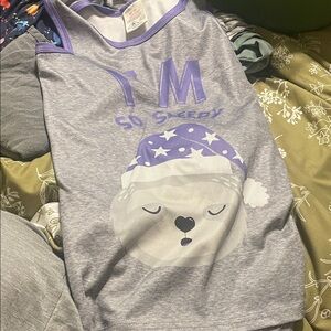 SHEIN Girls Gray Purple 'I'm So Sleepy' Bear Pajama Set